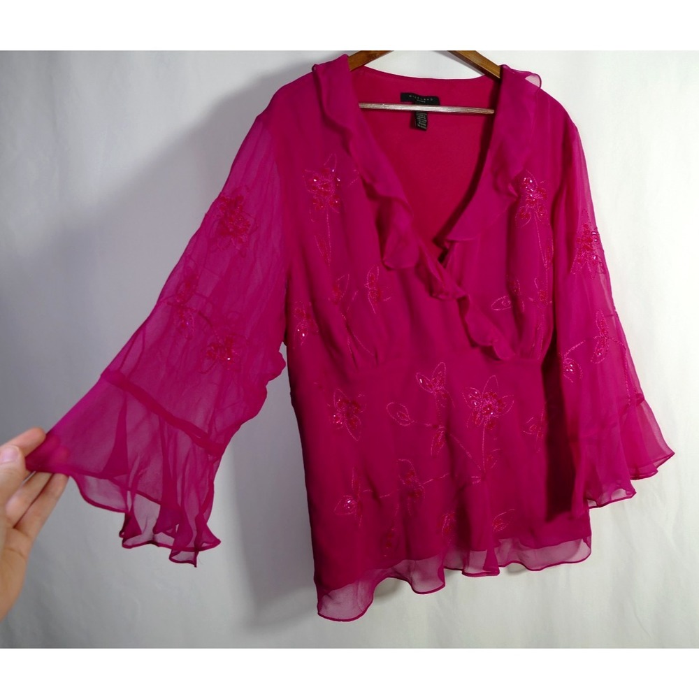 Womens Fairy Floral Embroidered Silk Top Size 3X Flare Sleeve Ethereal Feminine